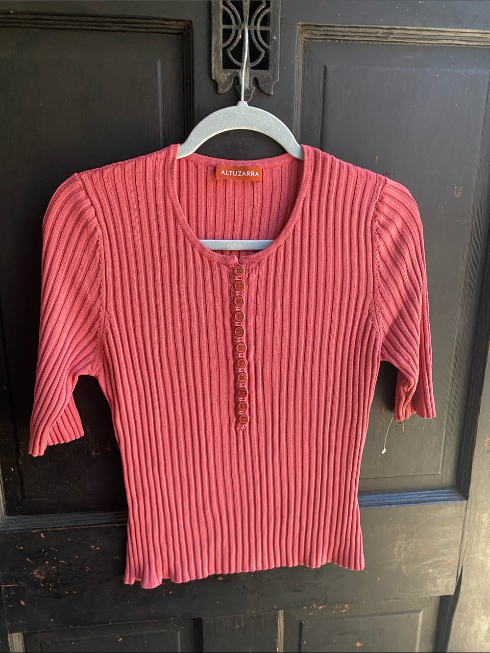 Altuzarra Rose-Rosewood Ribbed Button-Front Short Sleeve Top